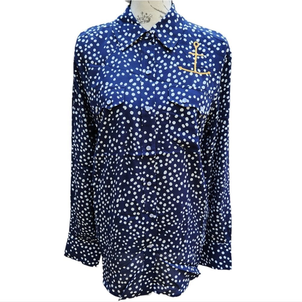 Free People -652 Sandrine Rose Navy Polka‎ Dot Anchor button down shirt Small